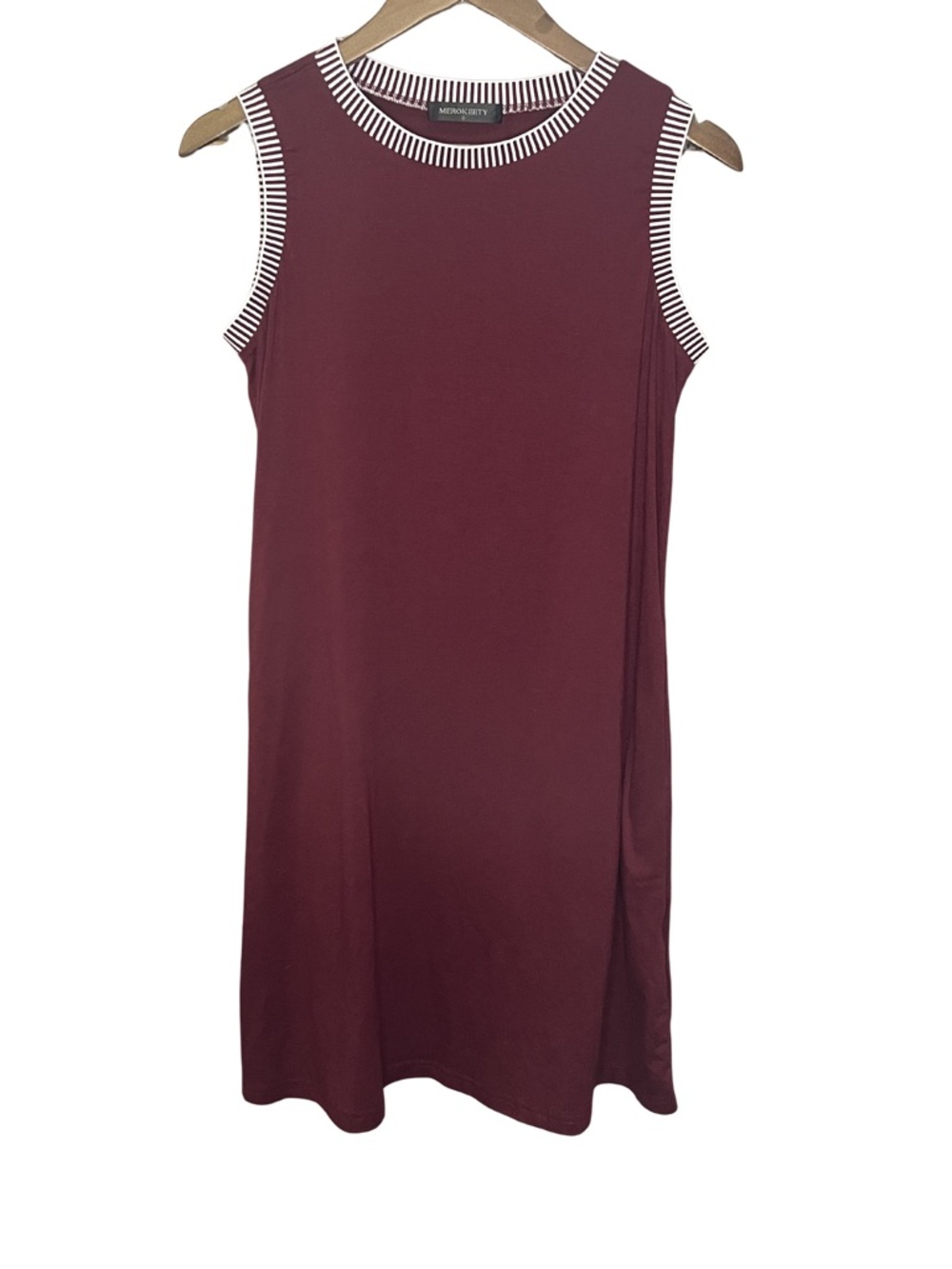 Merokeety Shift Dress with Striped Trim Casual Maroon Sleeveless Small